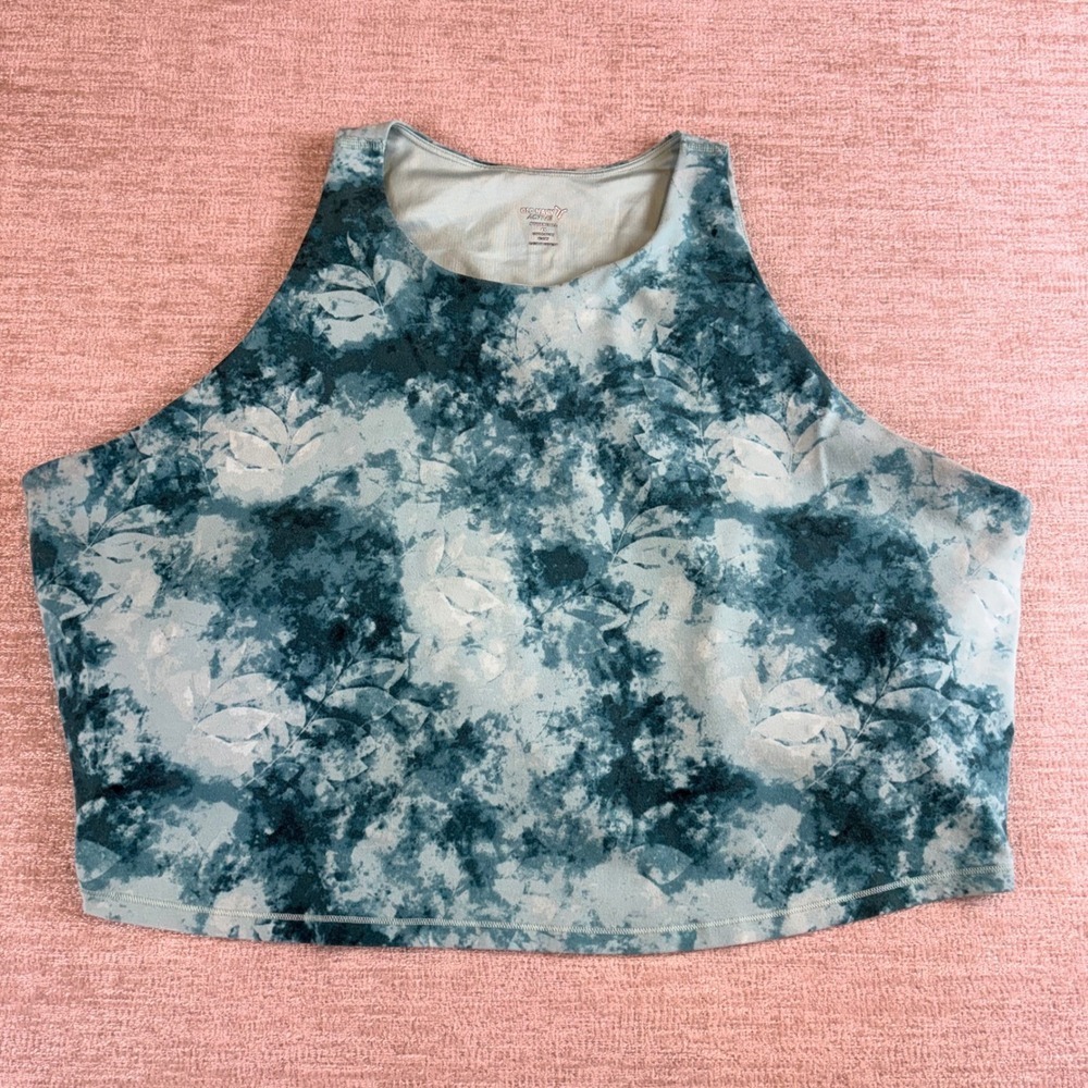 Old Navy Active PowerChill Floral Tie Dye Crop Tank Top Built-In Bra Teal 4X